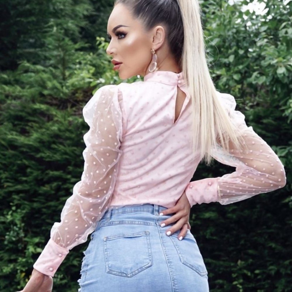 Pink Polka Dot Long Sheer Sleeve High Neck Top - Picture 3 of 6